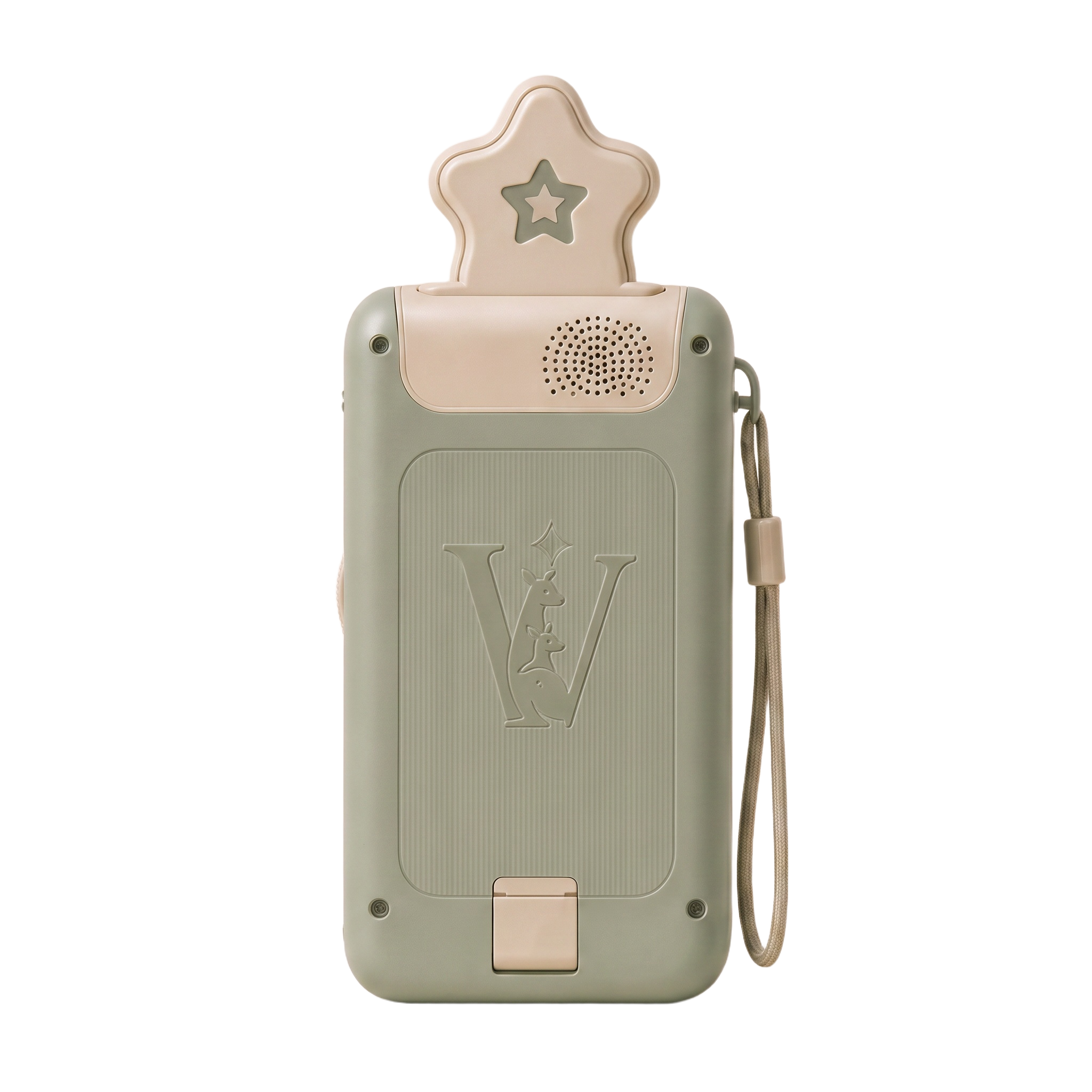 Wonderly travel companion device — back view — showing the engraved Wonderly kangaroo 'W' emblem