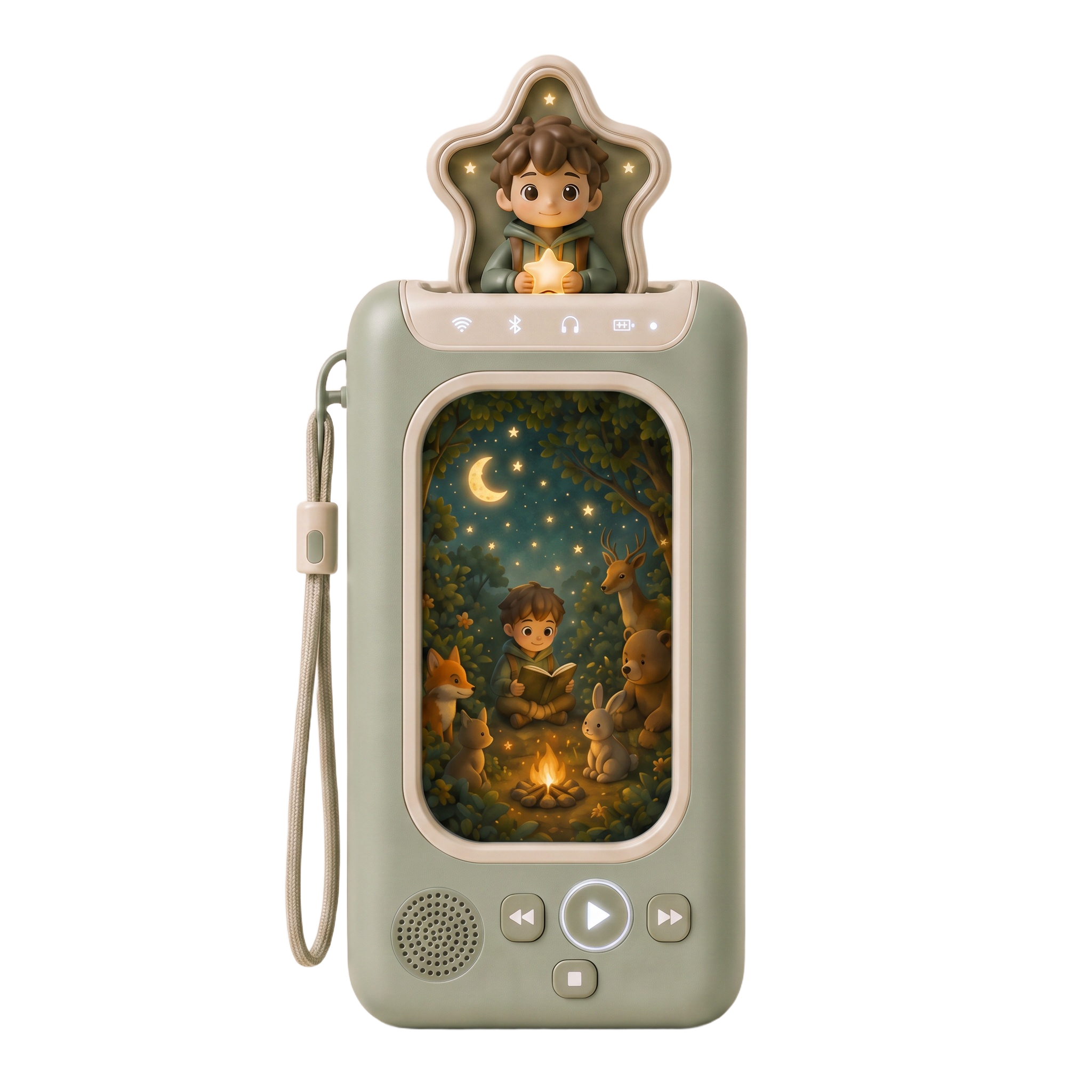 Wonderly travel companion device — front view — a sage-green audio storytelling player with a star-shaped character topper, illustrated story screen, and wrist strap for on-the-go adventures