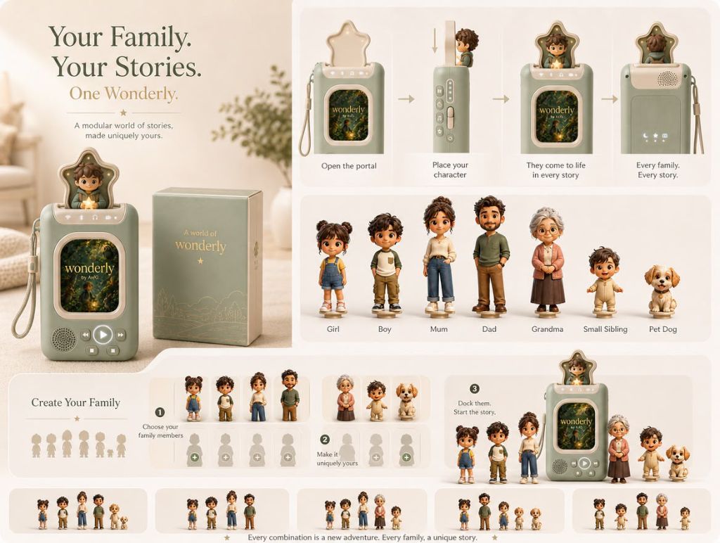 Wonderly device concept sheet — 'Your Family. Your Stories. One Wonderly.' — showing how to open the portal, place a character topper, and dock a full set of family figures (girl, boy, mum, dad, grandma, small sibling, pet dog) to bring stories to life